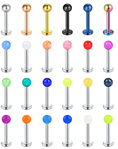 LAURITAMI 24pcs Piercing Labio Labret Pernos 8mm 16G Acero Quirurgico Helix Tragus Cartílago Piercing Joyas