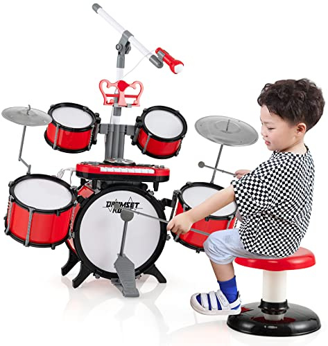 GOPLUS Kit de Batterie Jazz pour Enfants avec 5 Tambours, Clavier 8 Clés, 1 Microphone, 2 Baguettes, Prise pour MP3, Siège Inclus, Cadeau Noël Débutants pour Enfants 3 ans+, 74,5 x 38,5 x 93 cm, Rouge