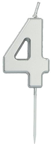 Folat 24134 Kuchen Kerze Ziffer/Zahl 4 Silber - 5 cm Geburtstagskerzen für Geburtstag, Geburtstagsdeko, für Kinder Partys, Hochzeiten, Firmenfeiern, Jubiläen