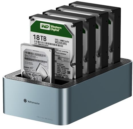 Yottamaster 5 Bay Offline Cloning Hard Drive Docking Station de Aluminio para 2,5/3,5 Pulgadas, USB 3.2 Gen1 SATA SSD/HDD Docking Station con Fuente de Alimentación de 12V 6,5A, Soporta 5x18TB