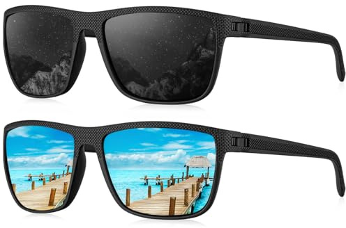 HENGOSEN Lunettes de soleil polarisées pour homme, avec monture légère et protection UV, noir et bleu glacier, S