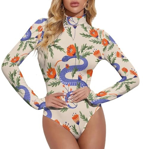 Body à manches longues pour femme – Peint Violet Drôle Fleur Serpent Fleur Col Roulé Body Costumes Hauts Combinaison pour Femme, Style 8, Large