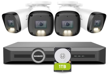 SANNCE 2K Kit Telecamere Videosorveglianza Esterno PoE, 6MP NVR 8 Canali con 1 TB, 4 Telecamere IP PoE 3MP con Visione Notturna Colori, Rilevamento Persone/Veicoli, Registrazione Audio, IP67
