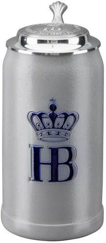 Hofbräuhaus München ölkrus 1 l originalmåttkanna | ölglas med HB-logotyp, saltglasyr med tennlock, 1000067 (1 L, HB med tennlock)