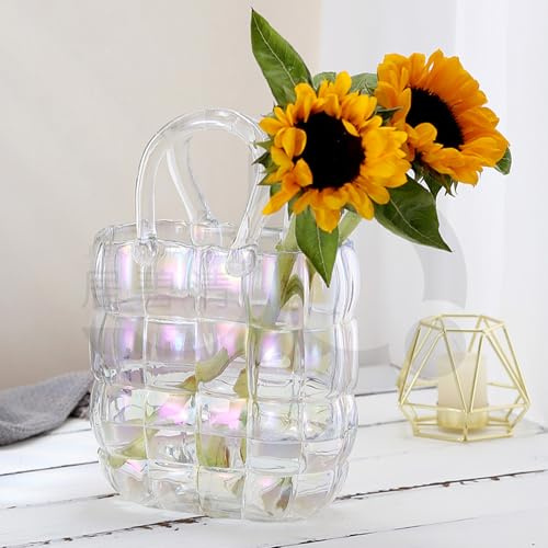 Unique Purse Vase for Flowers 11'' Clear Glass Bag Vases with Handle and Bubbles, Handmade Glass Vase with Elegant Purse Design, Suitable for Centerpiece Home Wedding Decors Birthday Gift