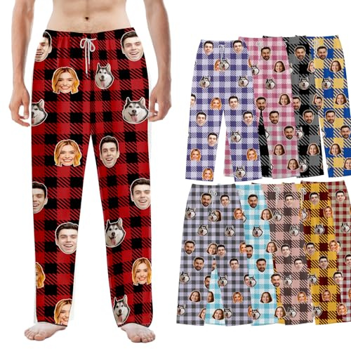 Dr Custom Pantalon de pyjama personnalisé avec photo et carreaux - Pantalon de pyjama amusant avec visage et poches - Idée cadeau pour hommes, femmes, couples - Noël, anniversaire, Saint-Valentin