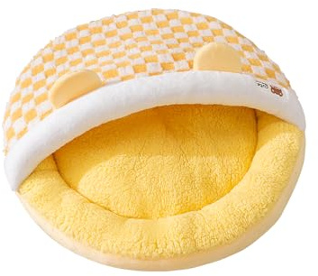 Galatée Cama para Gatos, Cama Redonda Lavable para Gatos, Refugio para Dormir Cómodo y Duradero para Mascotas con Base Antideslizante, Cojín De Peluche para Perros(S, Cuadros Amarillos)