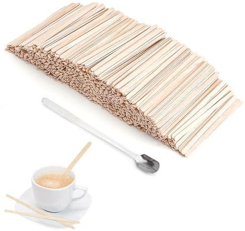 Rührstäbchen Holz 1000 Stück + Kaffeelöffel Edelstahl 13cm - Kaffeerührstäbchen Umweltfreundliches Kaffee für Café Büro Haushalt - Glatte splitterfreie Rührstäbchen & langlebiger Edelstahl Löffel