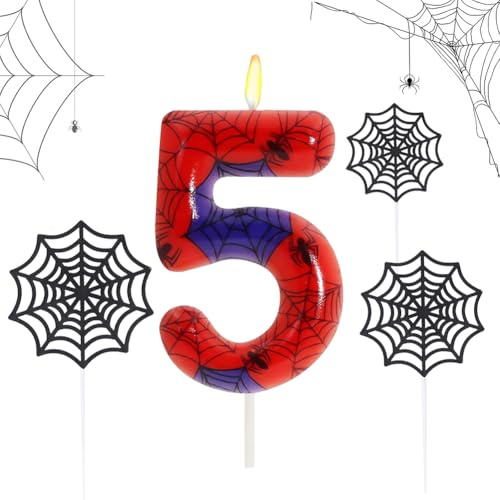 QYEHF Vela de cumpleaños de telaraña, Velas Cumpleaños Años, Vela Decorativa De Pastel, Decoración Tarta Fiestas para Niños Niñas -9.2CM (Número 5)