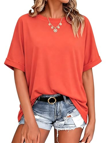 Terecey Tee Shirt Femme Oversize Col Rond Manches Courtes Haut Ample | Tissu doux, respirant et extensible, style uni basique pour été, mi-saison, vacances et sorties décontractées