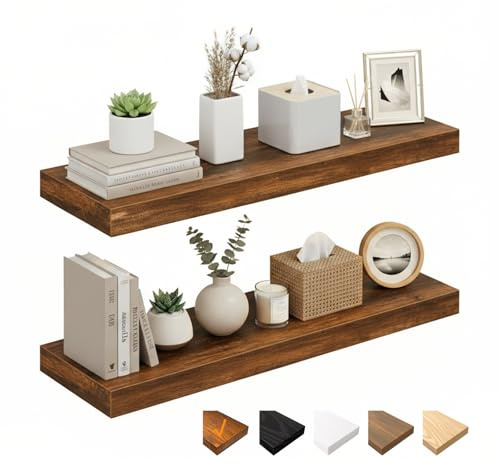 RICHER HOUSE Wandregale, 60 cm Schweberegal, Wandboard Holz mit unsichtbaren Halterungen, Holzregal Wand 2er-Set für Badezimmer, Schlafzimmer, Büro, Wohnzimmer, Küche (Braun, 60 x 23,5 x 3,8 cm)