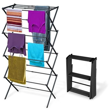 BLACK+DECKER 4-Tier Expandable Collapsible Clothes Drying Rack, Telescopic Height, Foldable Space-Saving Laundry Air Dryer for Towels, Shirts & Delicates – Durable Steel, No Tools Needed