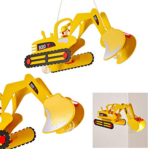 Pendelleuchte Bagger, gelbe Hängelampe aus Holz für das Kinderzimmer, 2 x E27 max. 40 Watt, Flugzeug Hängeleuchte mehrfarbig, auch geeignet für LED Leuchtmittel
