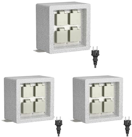 ledscom.de 3 Stück Garten Steckdosensäule Pock für außen, IP44, 1m, Schukostecker Typ F, 4-Fach, grau (Stein-Optik), eckig, 20 cm