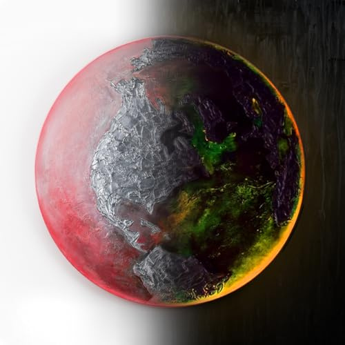 YS-Art Dipinto Fatto a Mano Mappamondo Rosso Rotondo Fluorescente, Quadro Luminoso su Tela, Decorazione Moderna Cameretta Soggiorno Ufficio 100cm