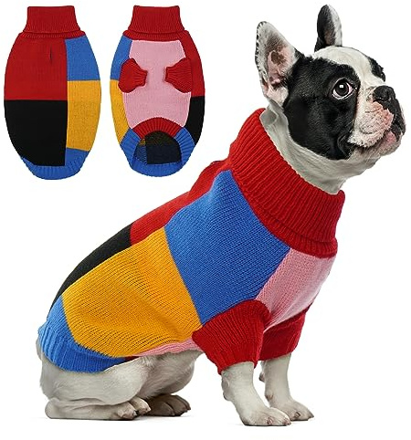 Hjumarayan Dog Jumper, Vintage Dog Jumpers Medium Size with Legs, Soft & Warm Sweater with Harness Hole, Colour Blocked Xmas Jumpers for Bichon Frisé, Shih Tzu, Red M
