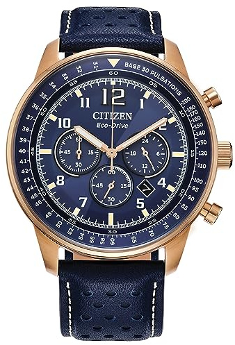 Citizen Men's Eco-Drive Weekender Sport Casual Chronograph Rose Gold Stainless Steel Watch with Blue Leather Strap, Blue Dial (Model: CA4503-00L)
