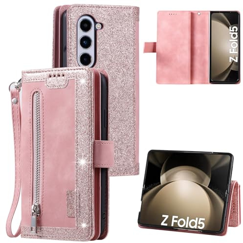 EYZUTAK Wallet Phone Case for Samsung Galaxy Z Fold 5, Retro Matte 9 Card Holder Slots Zipper Pocket Case PU Leather Magnetic Closure Kickstand with Wrist Strap Folio Flip Case - Rose Gold