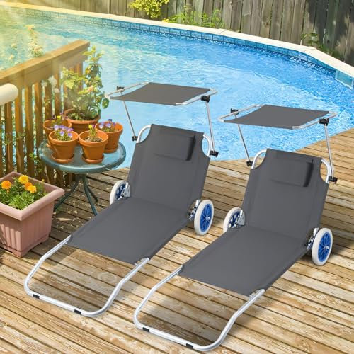 Tubiaz 2X Sonnenliege Klappbar mit Dach Liegestuhl mit Rollen, Strandliege 5-Fach Verstellbarer Rückenlehne,100kg belastbar Gartenliege,Campingliege für Strand oder Pool Garten,Alu,Grau