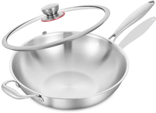 LOLYKITCH 32 CM Tri-Ply Stainless Steel Wok Pan with Lid, Stir Fry Pan,Induction Cooking Pan,Ergonomic and Detachable Handle,Even Heating