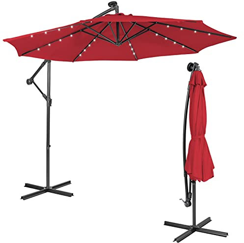 COSTWAY 3M Garden Cantilever Parasol, Outdoor Offset Banana Hanging Umbrella with 32/40 Solar-Powered LED Lights and Tilted Design, Sun Shade Canopy for Poolside, Deck & Patio (Wine)