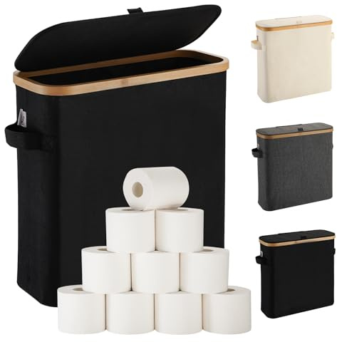 Toilet Paper Storage Basket with Lid for Mega Rolls, Large Bamboo Toilet Paper Organizer Holder Stand for Bathroom, Enclosed Tissue Storage Bin Box Container Free Standing, Black
