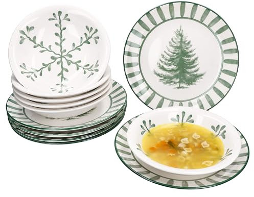 MamboCat Service de table vert forêt 12 pièces - Vaisselle en faïence pour 6 personnes - Motif sapin et branches - 6 assiettes plates et 6 assiettes creuses de 400 ml