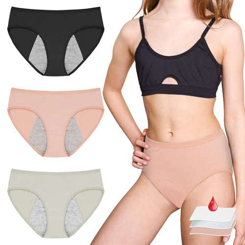 AUYAO Teen Girls Period Pants, 3Pcs Breathable Cotton Period Panties, Soft Leakproof Menstrual Underwear, Clean and Washable Teen Girls Knickers, Mid Waist Solid Panties for Teenage Age 8-18