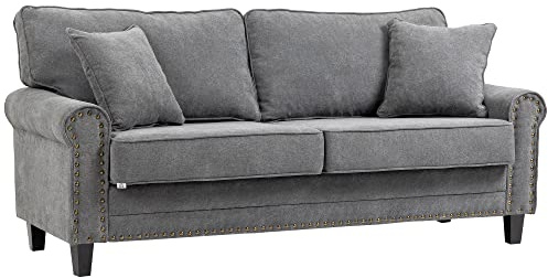 HOMCOM Sofá de 3 Plazas Sofá de Salón Estilo Moderno Tapizado en Poliéster con 2 Cojines Ribete de Cabeza de Clavo y Patas de Madera de Caucho 196x80,5x89 cm Gris
