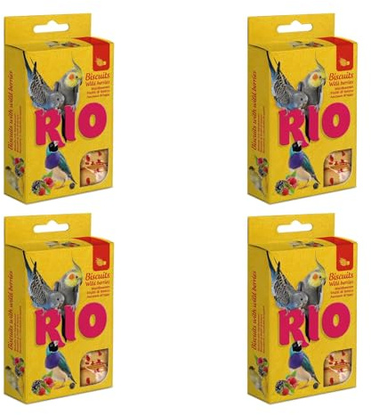 RIO Biscotti con Frutti di Bosco | Confezione da 4 | 4 x 35 g | Mangime complementare per Uccelli Ornamentali | Composto da Uova Intere e Cereali | per varietà nel Menu