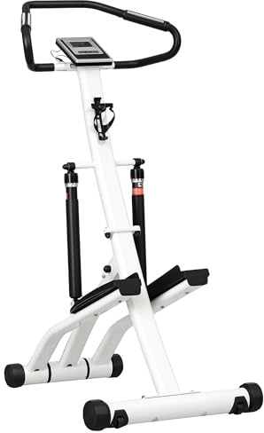 SPORTNOW Stepper con manillar, Stepper de fitness plegable 12 niveles de resistencia ajustables por separado, pantalla LCD, soporte para botellas, 2 ruedas, escalera pedales antideslizantes, blanco y