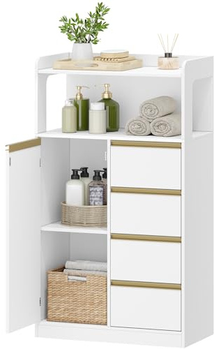 HEXCELEN Badezimmerschrank, Küchenschrank, Aufbewahrungsschrank mit 4 Schubladen und Offenem Regal, Badschrank Hoch, Verstellbare Ablage, für Badezimmer, Wohnzimmer, Weiß, 29 x 60 x 110 cm