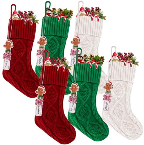 Personalized Christmas Stockings, 18 Stranded Knit Hanging Stockings, DIY Gingerbread Man Name Tag + Alphabet Stickers, Family Holiday Parties, Mantel Decorations (6 Pack, Burgundy, Green, Cream)