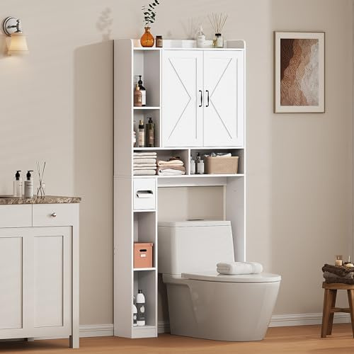 Viroformo Over The Toilet Storage Cabinet, 31”W Bathroom Organizer with Double Doors, Above Toilet Rack, Detachable Toilet Paper Holder for Bathroom & Laundry Room White