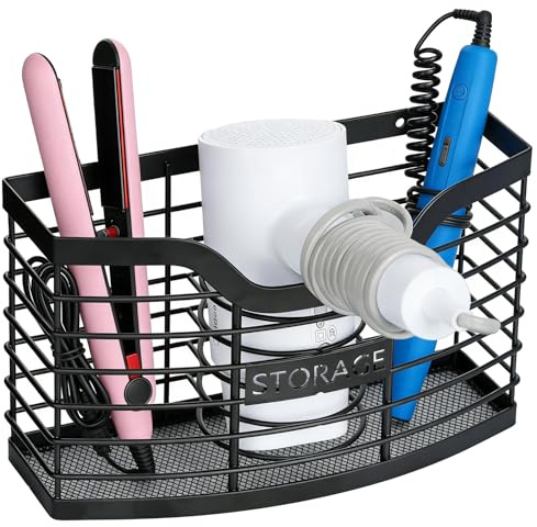 KIMERSE Hair Tool Organizer, Stainless Steel Hair Dryer Holder for Dresser, Bathroom Countertop & Cabinet Door, Wall Mount Storage Basket for Holding Hairdressing Curler, Blow Dryers, Shaver, Comb