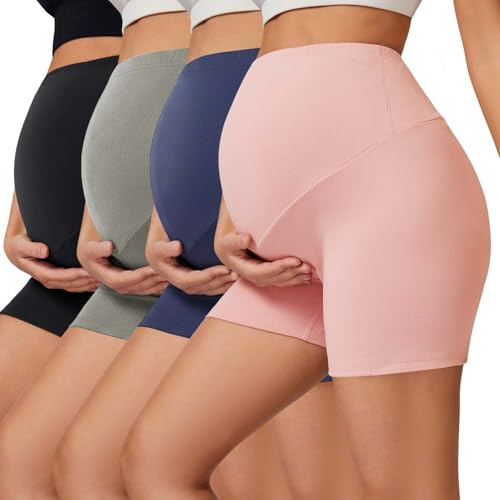 Mexholin 4 Pack Womens Maternity Shorts Over Bump High Waisted Belly Biker Pregnancy Shorts Yoga Workout Running Active Leggings Black/Dark Grey/Navy/Pink L