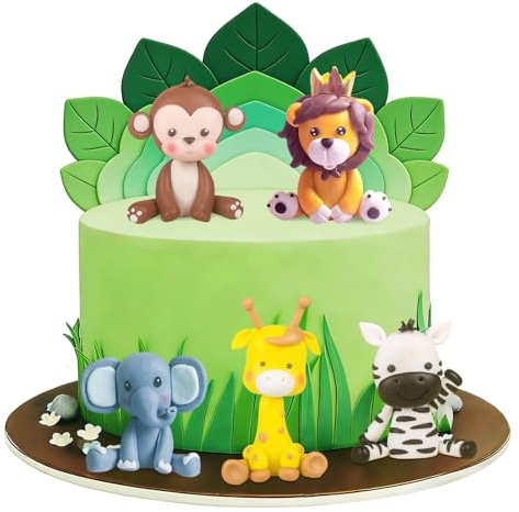 5 Pezzi Decorazioni per Torte Animali, Cake Topper Giungla, Decorazione Torta Animali Giungla con Zebra Elefante Scimmia Ggiraffa Leone, Decorazioni Torta Giunglas per Feste Compleanno (A)