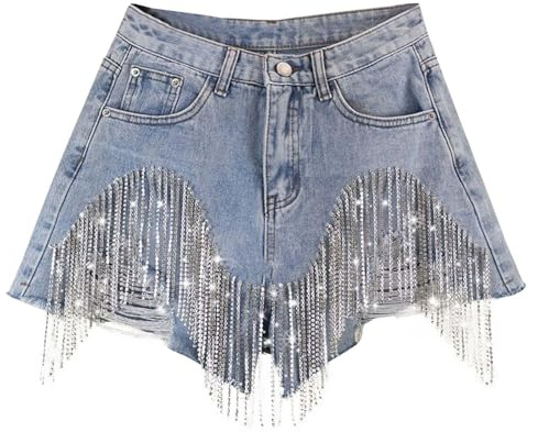 Women's Summer Jean Shorts Tassels Wide Leg Rhinestone Fringe Sexy Denim Short Jeans Summer Vacation Holiday Essential