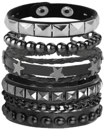 Qwrqwr 4PCS Gothic Punk Bracelet Set Studded Spiked Adjustable PU Wristband Emo Grunge Goth Accessories for Men Women Rock Concert Halloween Cosplay Daily Streetwear