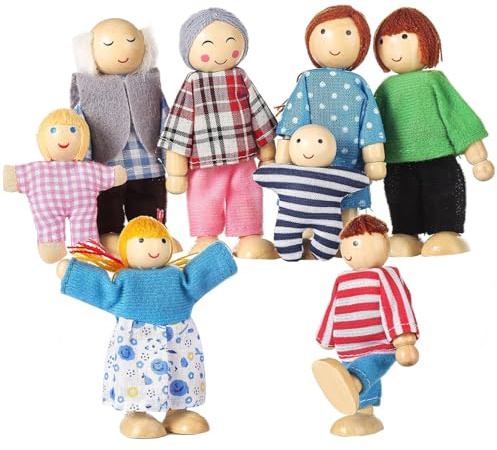Xoeryoy Casa delle bambole con 8 figure di famiglia Bambole in legno posizionabili Simpatiche case delle con figure di persone Set per ragazze, ragazzi, bambini, accessori per casa