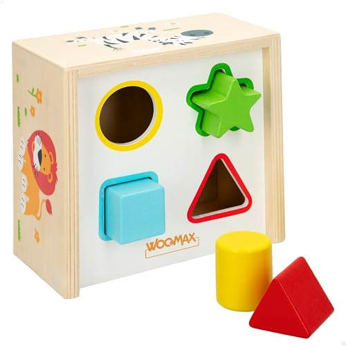 WOOMAX - Juego de encajar piezas, 4 formas geométricas, Cubo madera, Formas geométricas para encajar, Juguetes para niños, Regalos para niños +12 años, Certificado FSC, Juegos bebé (42754)