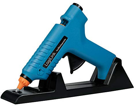 LogiLink WZ0052 – Mini pistola termofusible 80 W ideal para bricolaje (do it yourself) trabajos con soporte, color: azul – con 2 cartuchos de 11 mm de diámetro
