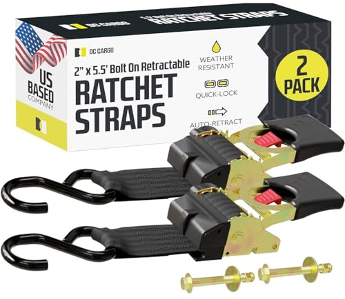 DC Cargo Mall Bolt-on Auto Retractable Ratchet Straps (2-Pack) 2” x 5.5ft, Super Heavy Duty, 4,033lb Break Strength – Tie Down Straps for Boat, Jet Ski, RZR, ATV