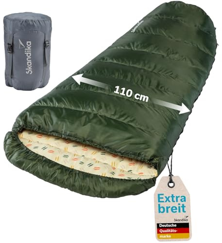Skandika Vegas - Sac de Couchage Momie XXL en Polycoton pour Adultes, jumelable, 3 Saisons, Duvet jusqu'à -12°C, 220 x 110 cm | Outdoor Camping Hiking (Vert foncé/Zip à Droite)