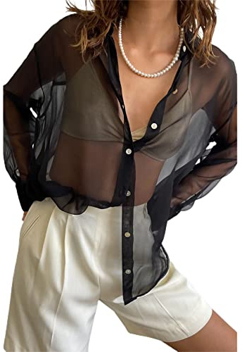 Blusa Elegante de Mujer Camisa Informal Transparente con Manga Larga Crop Top Sexy Suelto de Tul Patchwork con Solapa Camisa Casual de Mujerr para Primavera Verano (Negro, S)