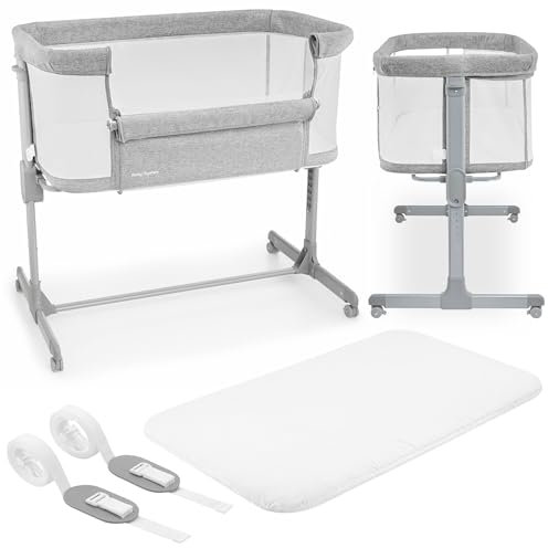 Moby-System Luna 3in1 Babybett & Kinderreisebett mit Matratze - Höhenverstellbares Baby Reisebett, Beistellbett bis 9 kg, Abnehmbare Seitenwand, 4 Transporträder, Grau