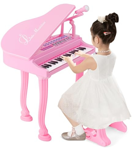 COSTWAY Piano Numérique 37 Touches pour Enfants avec Tabouret & Microphone, Piano Electronique Portable avec Mode d'Enseignement LED & MP3, Piano Enfants 3 Ans, Charge 50kg (37 Touches, Rose)
