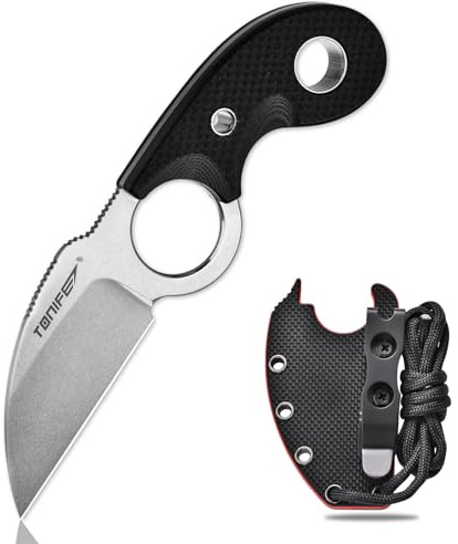 TONIFE Halvmåne Halskniv Kniv för Utomhusbruk Fast Blad i 8Cr14MoV-Stål med Slida, Nyckelband och Klämma Kniv med Full Tång Överlevnadskniv (Svart+Stentvätt)