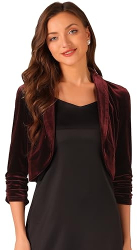 Allegra K Coprispalle in velluto a maniche lunghe per cardigan corto da donna aperto sul davanti, Borgogna, X-Large