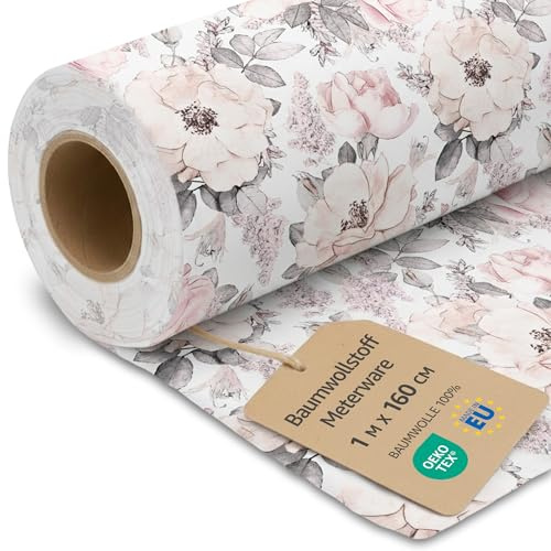 Stoff Meterware Baumwollstoff 1 M x 160 cm - Stoffe zum nähen aus reine baumwolle fabric futterstoff dekostoff für patchwork canvas und sewing nähstoff Oeko-Tex Wilde Rose